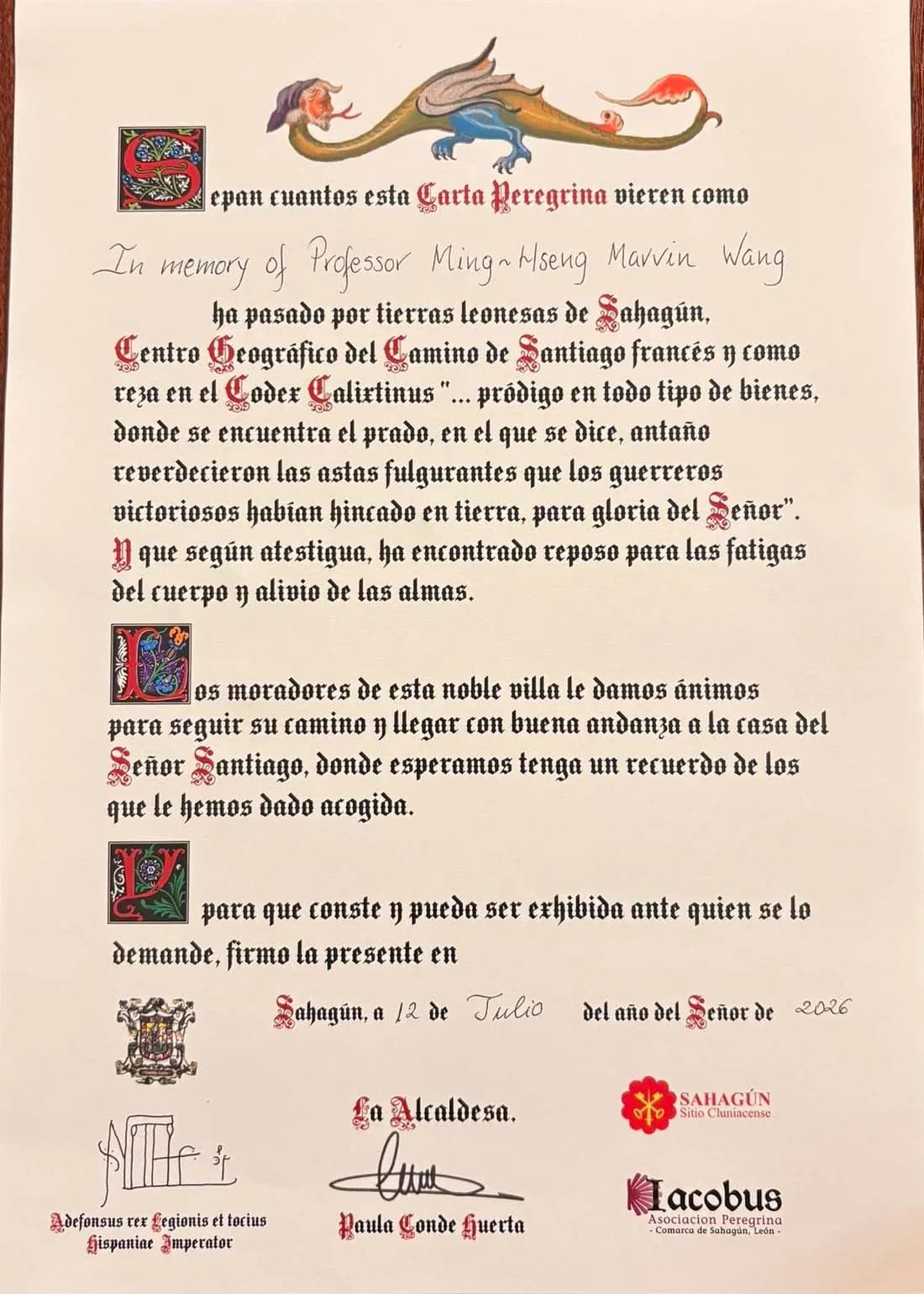 薩阿貢核發的中途證書 Carta Peregrina 全張，開頭的姓名欄手寫著 In memory of Professor Ming-Hseng Marvin Wang
